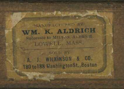 Label of M. Aldrich for dealer A J Wilkinson of Boston